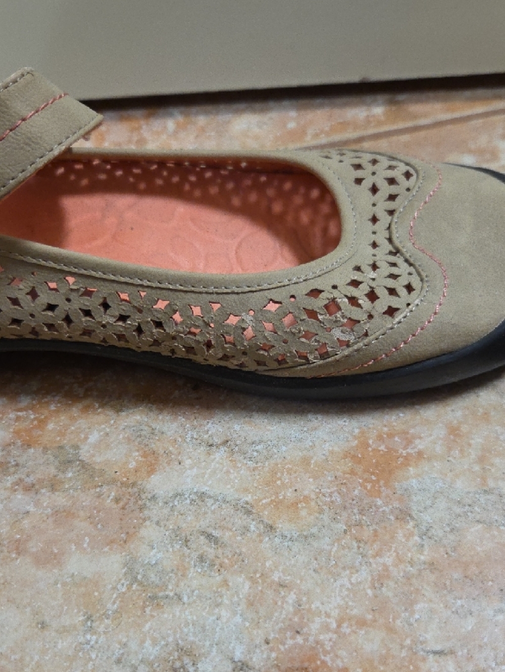 J-41 Tan Mary Jane Flats with Coral Insole and Black Toe Cap - Picture 8 of 9